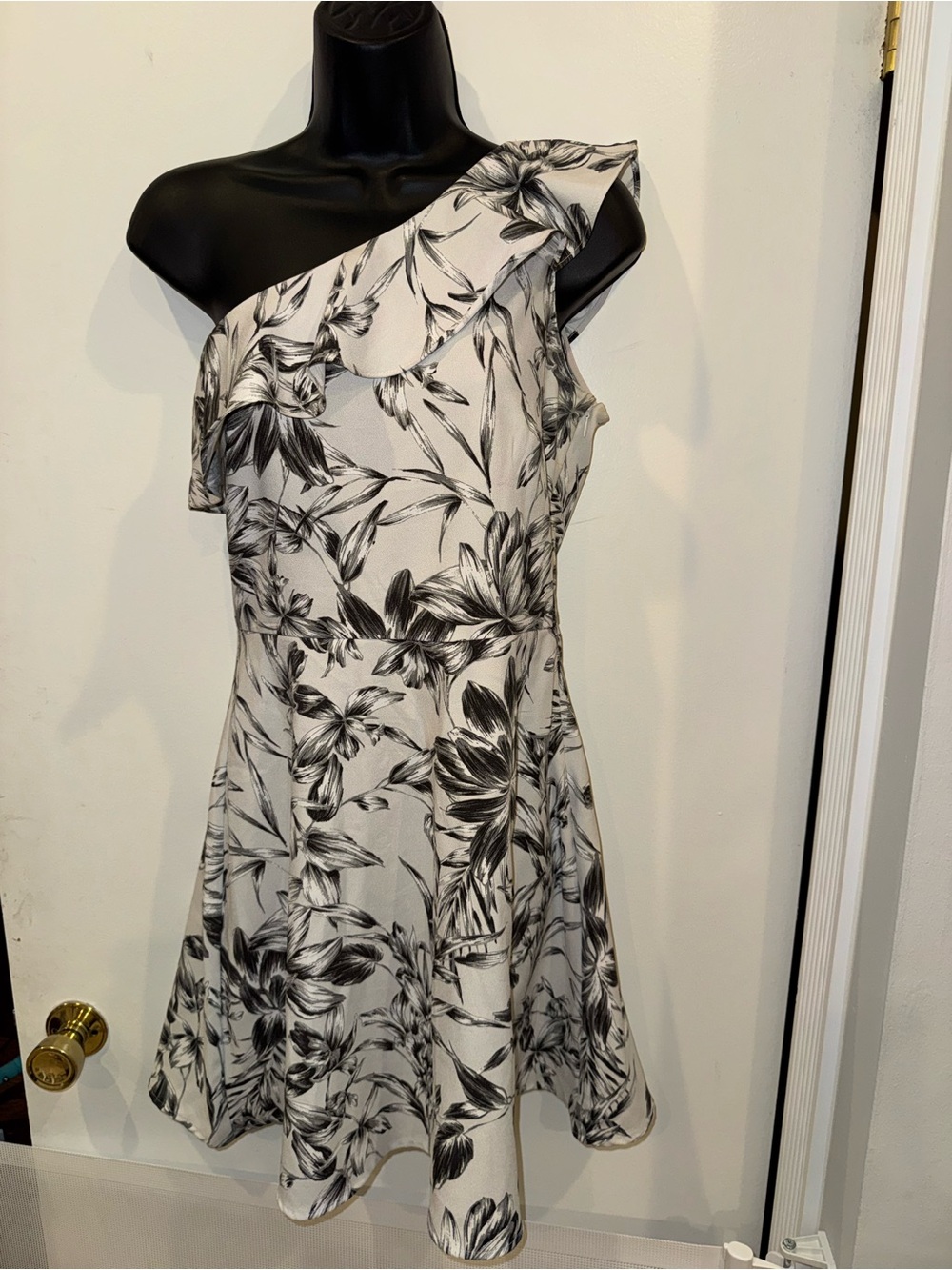 Banana Republic One-Shoulder Black & White Floral Fit-and-Flare Dress